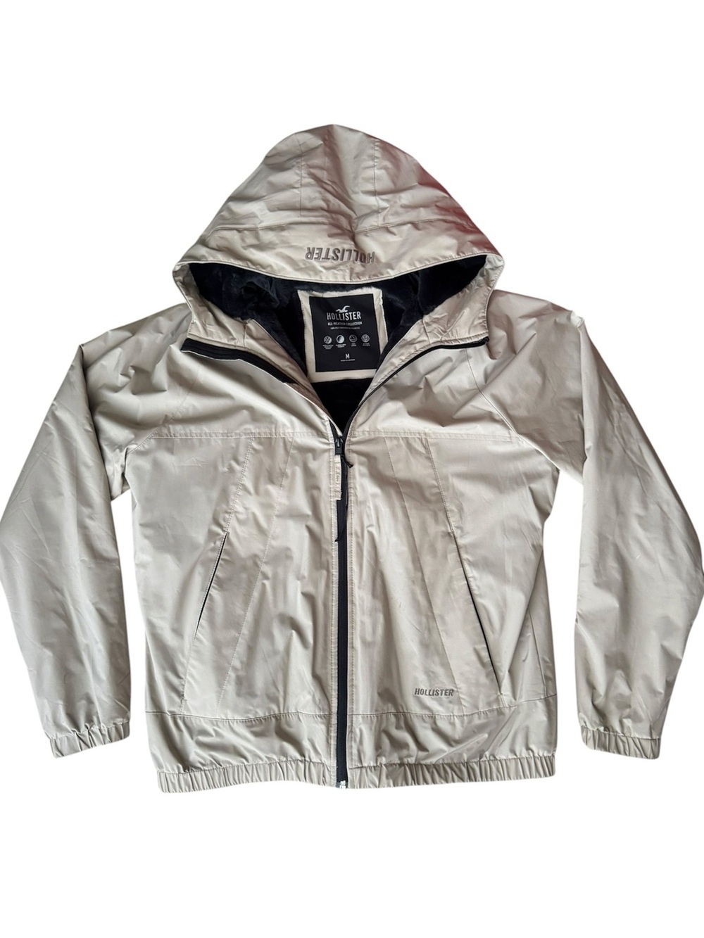 Hollister All-Weather Collection Beige Fleece Lined Hooded Jacket Size M